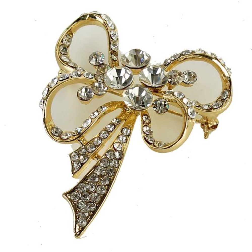 Beautiful and Delicate Bow Pin Brooch with Gold Scroll Work and faux Crystals